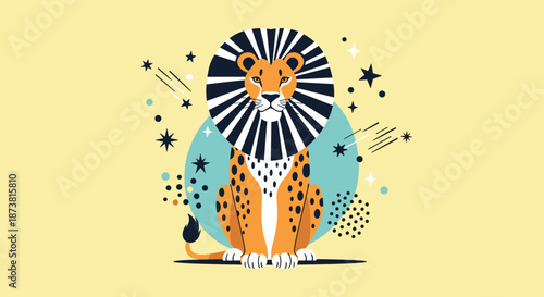 A stylized illustration of a majestic lion with a black and white striped mane, set against a celestial background of stars and abstract shapes.