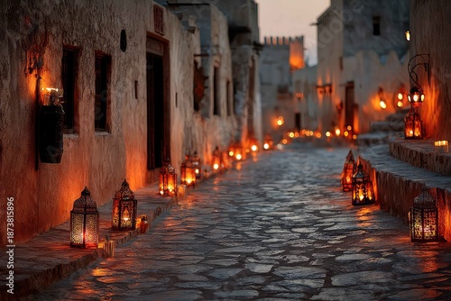 Lanterns arranged in a row along an old stone
