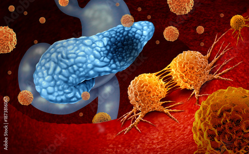 Wallpaper Mural Pancreatic cancer anatomy concept and Pancreas malignant tumor symbol as a digestive gland body part with a microscopic magnification of malignant tumor cells dividing and spreading as a carcinoma dia Torontodigital.ca