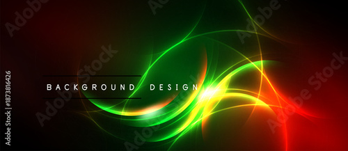 Vibrant abstract design features flowing neon lines. Green, yellow, red hues blend against dark background. Modern, energetic composition.