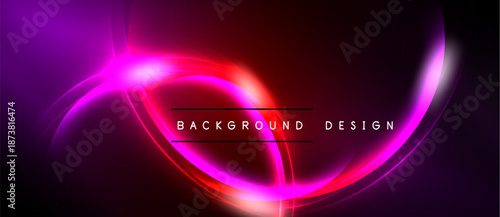 Abstract neon lights create vibrant curves, gradients. Dark background emphasizes glowing shapes, text reads background design.
