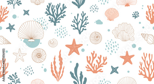 Seamless summer pattern featuring hand-drawn seashells, starfish, coral, and seaweed on a clean white background for textiles.