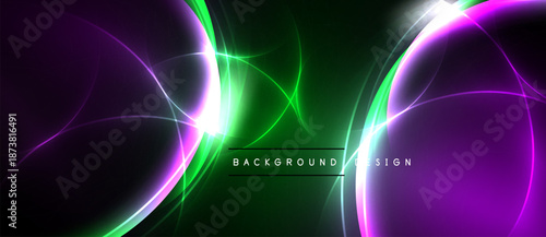 Abstract design features vibrant purple, green glows. Dark background emphasizes flowing light curves, creating dynamic visual effect.