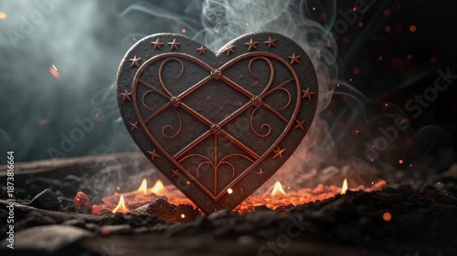 Mystical Heart Shaped Sigil Symbol Glows with Fiery Embers Creating Romantic Valentine Atmosphere