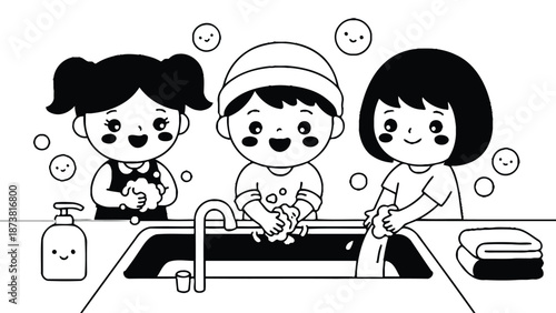 Three happy children washing their hands with soap and water together