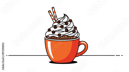 Hot Chocolate Illustration: Orange Mug, Whipped Cream, Chocolate Chips