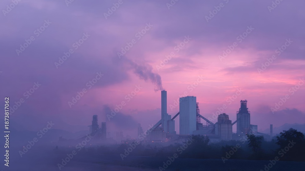 Obraz premium Large industrial plant with multiple tall chimneys emitting smoke into the sky. the sky is a gradient of pink and purple, with the sun setting in the background.