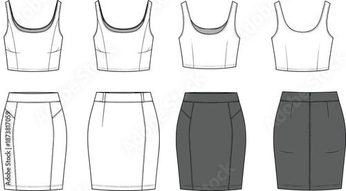 Flat vector illustration, crop top and pencil skirt set, fashion sketch, garment design, technical drawing, front and back views
