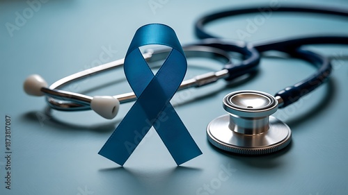 Blue awareness ribbon and stethoscope for mens health, prostate cancer awareness