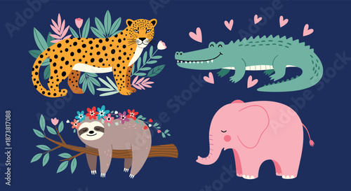 Adorable collection of four cute jungle animals including a leopard, alligator, sloth, and elephant on a dark blue background.