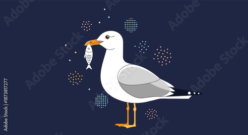 Cute cartoon seagull standing on a dark blue background holding a fish in its beak, surrounded by colorful abstract dots.