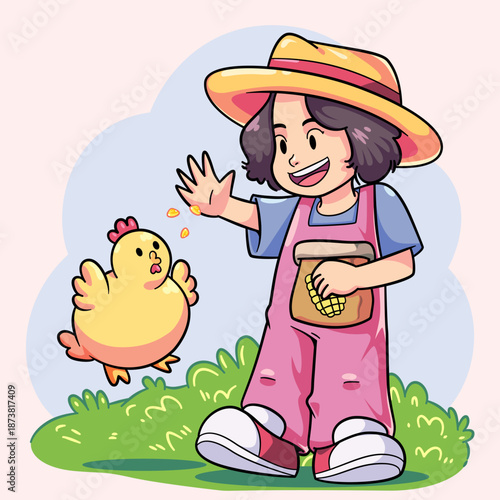 Little Girl Feeding Chicken in the Farm Vector Illustration