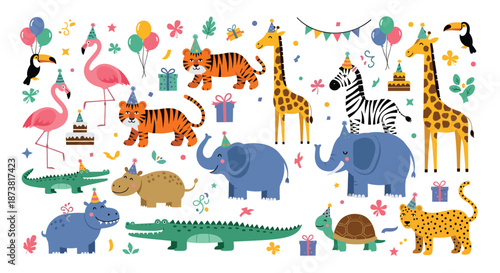 Large collection of cute cartoon safari animals celebrating a birthday party with hats, balloons, gifts, and cakes.
