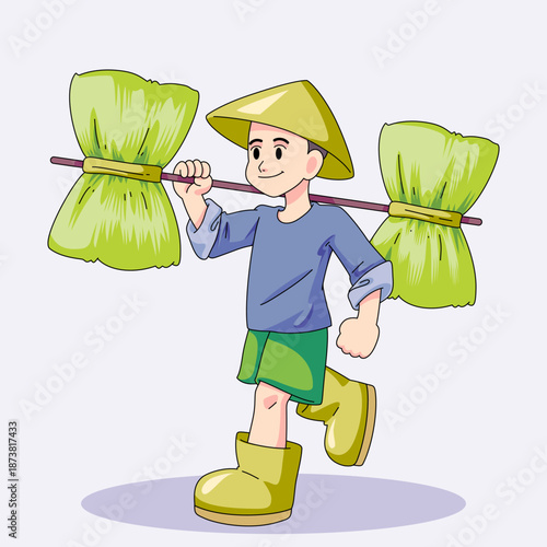 Male farmer carrying hay bale on a rural farm background