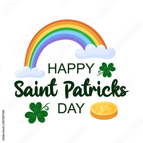 Square Saint Patricks Day web banner. Rainbow, clover leaf and gold coins on white background. Holiday greeting card. Hand drawn vector illustration.