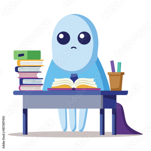 Owl teacher reading books in classroom cartoon illustration