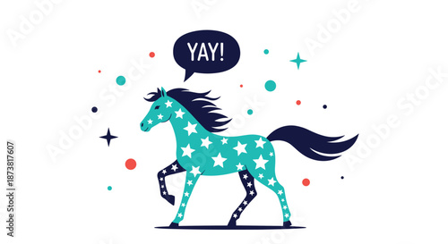 Whimsical prancing horse decorated with a star pattern, exclaiming "YAY!" in a speech bubble on a white background.