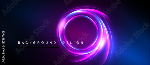 Abstract neon circles, vibrant blue purple gradients. Background features text background design. Dark space surrounds glowing elements.