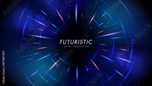 Futuristic digital abstract background with glowing binary code tunnel and dynamic blue light rays.