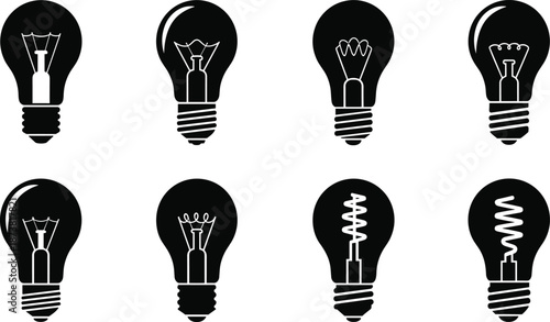 Vector illustration set of electric light bulb silhouettes with various filament designs, symbols for creative idea, energy and innovation power.