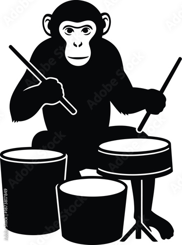 Rhythmic Monkey Playing Drums in Silhouette Design