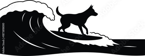 Surfer Dog Riding Waves in Silhouette Art
