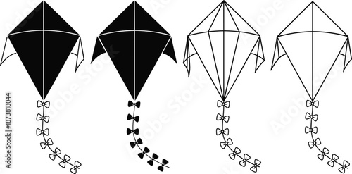 Vector illustration set of flying kites with tails and bows in black silhouette and outline styles, symbol of summer freedom.