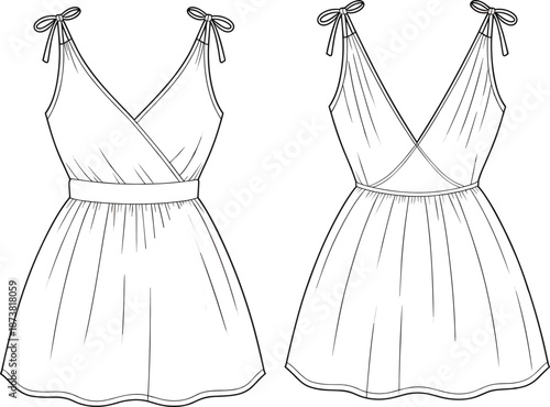 Flat vector illustration, sleeveless dress front and back, wrap bodice, bow straps, gathered skirt, fashion sketch, garment design