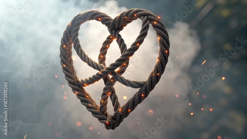 Heart Shaped Sigil of Intertwined Ropes Glowing with Sparks and Embers Symbolizing Love and Passion on Valentine Day