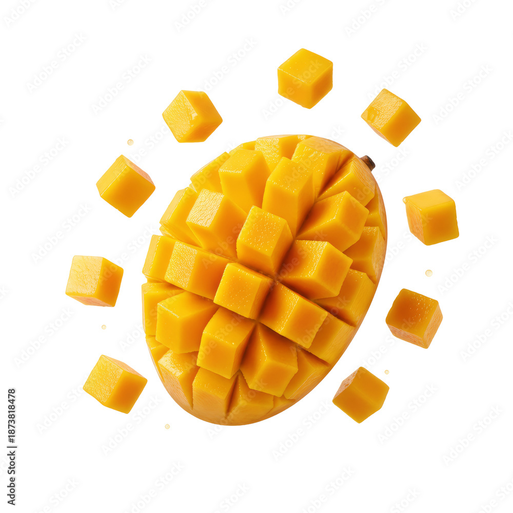 Fototapeta premium Fresh Mango Slices Flying Around a Whole Ripe Mango on White Background