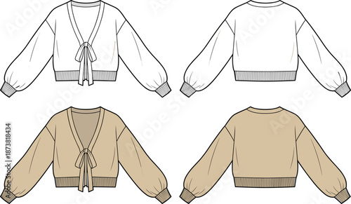 Flat vector illustration, women's cropped cardigan, front tie detail, voluminous sleeves, fashion sketch, garment design, technical drawing