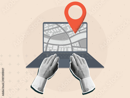 Hands on laptop keyboard with map and a red location pin mark on a screen. Modern collage style. Vector illustration