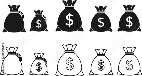 Vector illustration set of money bags with dollar signs in black silhouette and outline styles, symbols for financial wealth.