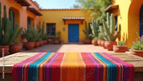 Colorful striped textile on rustic wooden table outside traditional Mexican building. Potted cacti, vibrant walls create sunny courtyard scene. Perfect for Cinco de Mayo, Dia de Muertos, culinary © Viktor