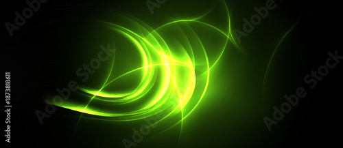 Bright green energy flows, swirling patterns dominate dark background. Abstract design evokes movement, light intensity.