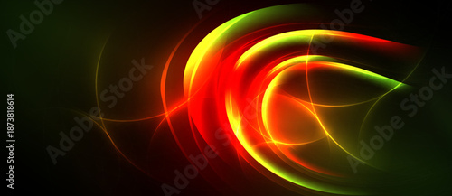 Bright abstract lines form swirling shapes. Red, yellow, green hues dominate dark background. Dynamic energy radiates from center.