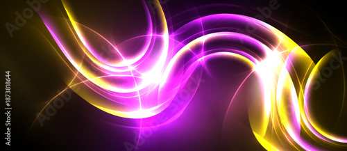 Abstract design features vibrant curves, glowing lines. Purple, yellow hues dominate dark background. Dynamic energy radiates from central point.