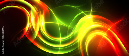 Bright abstract waves, vibrant colors blend. Dynamic energy radiates from glowing lines, creating visual impact.