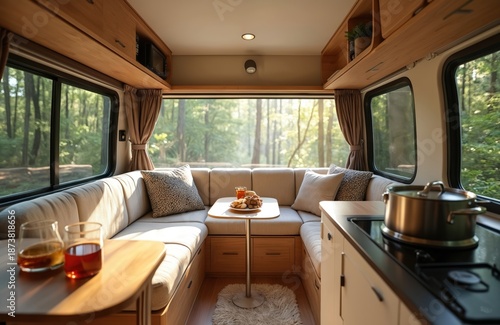 Cozy camper interior with comfortable seating and food on table. Large windows reveal forest view, sunlight streams in. Kitchenette area has pot on stove. Enjoying nature escape.