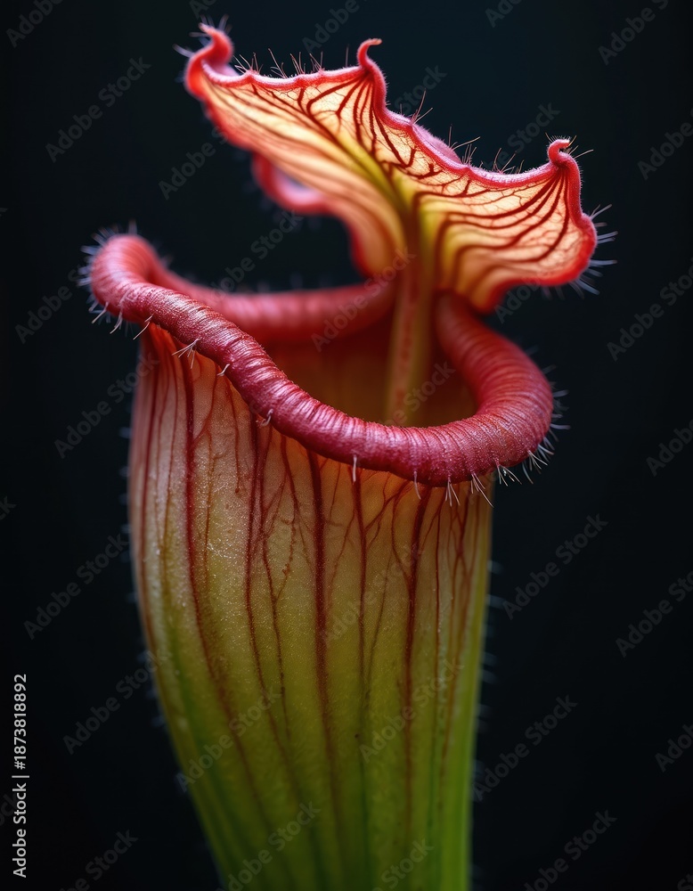 Fototapeta premium Carnivorous pitcher plant exhibits intricate red veining on delicate yellow lid. Deep green stem supports red fringed lip. Macro detail shows fine hairs. Exotic flora specimen against dark background.