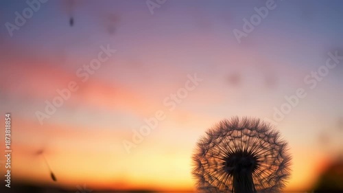 A dandelion seed head against a vibrant sunset sky