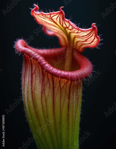 Carnivorous pitcher plant exhibits intricate red veining on delicate yellow lid. Deep green stem supports red fringed lip. Macro detail shows fine hairs. Exotic flora specimen against dark background. © Viktor
