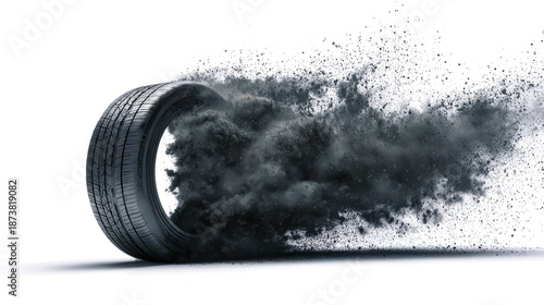 Exploding car tire in motion with black dust