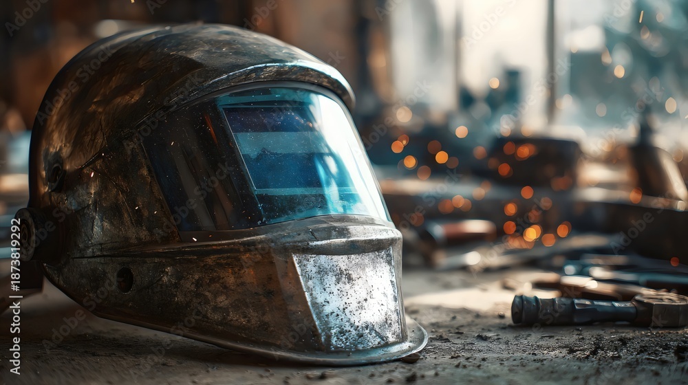 Fototapeta premium A weathered welding helmet rests on a workbench, capturing the essence of craftsmanship and industrial artistry.
