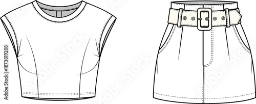 Flat vector illustration, women's cropped top and skirt, fashion sketch, technical drawing, garment design, princess seam, belt detail