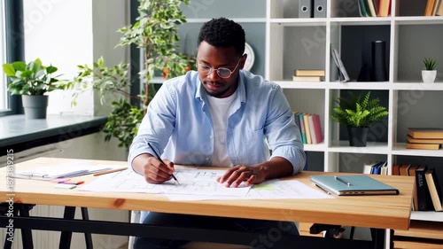A person in a light blue shirt, wearing glasses, sits at a wooden desk, focused on drawing blueprints.  A light-colored laptop, and a bookshelf are visible in the background.  Plants are also present