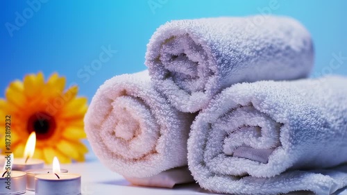 Rolled white towels, candles, and a flower, on a light blue background