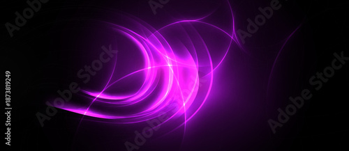 Bright purple energy flows, swirling patterns against dark background. Abstract design evokes motion, light intensity.