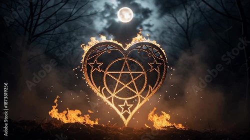 Fiery Heart Shaped Sigil with Pentagram Symbol Illuminates Dark Forest Under Full Moon, Creating Mystical Valentine Night Atmosphere