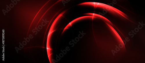 Abstract red design features curved lines, glowing effects, dark background. Minimalist, modern aesthetic creates dramatic visual impact.